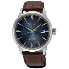 SEIKO Men's Blue Sunray Dial Brown Leather Band Presage Cocktail Time Automatic Analog Watch