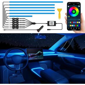 Dreamcolor Acrylic Interior Car LED Strip Light with Wireless APP, RGB 5 in 1 with Fiber Optic Ambient Lighting Kits, 16 Million Colors Sound Active Function Car Neon Lights