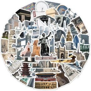 World Travel City Stickers for Luggage, 65Pcs Waterproof Vinyl Travel Stickers Pack for Water Bottle, Laptop, Bicycle, Suitcase, Scrapbook, Journal, Cars, Famous City Scenery Decals (City)