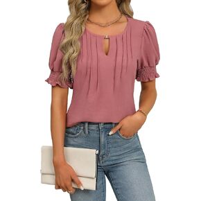 Fayenne Womens Tops Dressy Casual Puff Ruffle Short Sleeve Blouses Business Casual Keyhole V Neck Sexy Tops Summer Tshirt