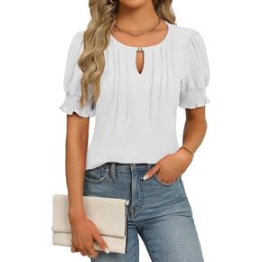 Fayenne Womens Tops Dressy Casual Puff Ruffle Short Sleeve Blouses Business Casual Keyhole V Neck Sexy Tops Summer Tshirt