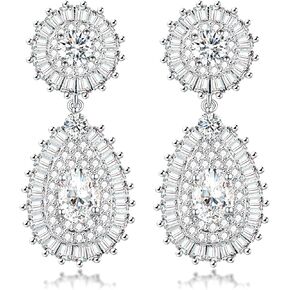 Clip-On Earrings for Wedding, Prom - Diamond Cubic Zirconia Pave-Framed Pear Shaped Dangle Drop Non-Pierced Clip Earrings for Women, Brides, Bridesmaid, Mother of the Bride, Birthday Gift