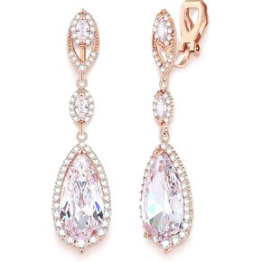 Clip-On Earrings for Wedding, Prom - Diamond Cubic Zirconia Pave-Framed Pear Shaped Dangle Drop Non-Pierced Clip Earrings for Women, Brides, Bridesmaid, Mother of the Bride, Birthday Gift
