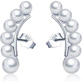 Women's 925 Sterling Silver Simulated Pearl Ear Cuff Crawler Ear Pin Climber Stud Earrings