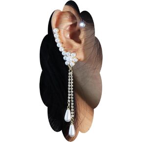 Hanfluenve 2PCS اللؤلؤ الأصفاد الأذن الأقراط بوهيميا حجر الراين زهرة اللؤلؤ شرابة غير مثقوب الغضروف متسلق الأذن التفاف الأقراط أنيقة حول الأقراط وهمية للنساء والفتيات