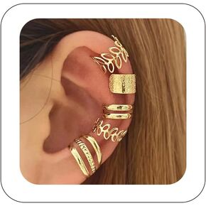 Fanquility 5pcs Sparkling Ear Cuff Gold Non Pierced Ear Cartilage Clip on Wrap Hoop Exquisite Tiny Boho Beach Minimalist Adjustable Multi-layered Fake Earrings for Women Jewelry