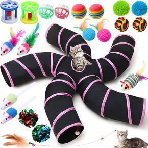 Poen 21 Pcs Cat Tunnel for Indoor Cats Set Collapsible 5 Way Cat Tubes with 20 Pcs Cat Toys Kitten Toys Interactive Cat Feather Toy Mouse Crinkle Balls Cat Tube for Puppy Kitten Rabbit(Blue Black)