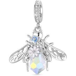 GNOCE Flowers on Bee Pendant Charms 925 Sterling Silver with Shiny Artificial Crystal Dangle Charm For Women Girls Mother's Day Gifts Fits All Bracelet Necklace