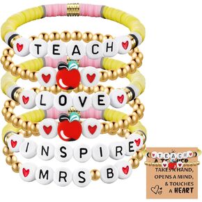 6 Pcs Personalized Teacher Bracelet Teacher Heishi Beaded Bracelets Appreciation Gifts 6.3 Inch Pencil Bracelets with Card Teacher's Day Birthday Gifts from Student for Women Girls