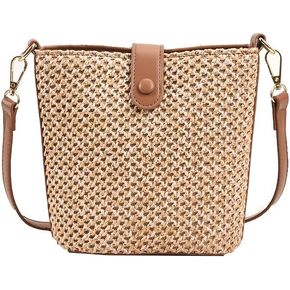 Women Small Faux Straw Bag Mini Woven Bucket Bag Summer Beach Bag Fashion Crossbody Bag Shoulder Bag Handbag