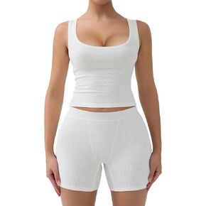 SHAPERX Women's 2 Piece Ribbed Knit Workout Outfits Set Scoop Neck Tank Top and Soft Boxer Lounge Activewear Sets