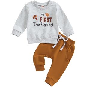 YOKJZJD My First Thanksgiving Baby Boy Outfit Turkey Sweatshirt Long Sleeve T-Shirt Jogger Pants Set Newborn Fall Clothes