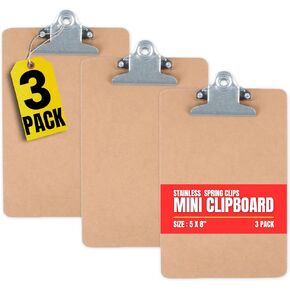 1InTheOffice Clipboard 5x8, Mini Clipboard, Hardboard, with Stainless Spring Clip, Brown, 3 Pack