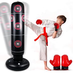 Inflatable Punching Bag for Kids, 63 inch Kids Punching Bag with Gloves, Kids Punching Bag Bounce Back, Freestanding Punching Bag, Punching Boxing Bag for Punch, Boxing, Kick