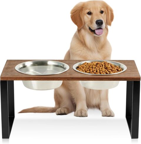 Sunhoo Elevated Dog Bowls Raised Feeder for Dogs Tall Standing Holder Wood Pet Feeding Station 2 Stainless Steel Dish Metal 16.73 * 7.87 * 8.07in 32oz Non-Slip Heavy Duty Durable in Saudi Arabia