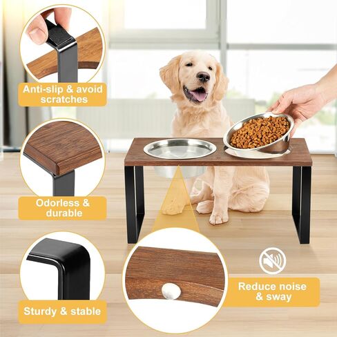 Sunhoo Elevated Dog Bowls Raised Feeder for Dogs Tall Standing Holder Wood Pet Feeding Station 2 Stainless Steel Dish Metal 16.73 * 7.87 * 8.07in 32oz Non-Slip Heavy Duty Durable in Saudi Arabia