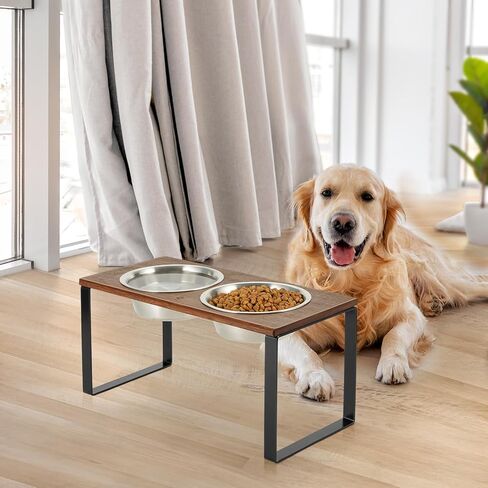 Sunhoo Elevated Dog Bowls Raised Feeder for Dogs Tall Standing Holder Wood Pet Feeding Station 2 Stainless Steel Dish Metal 16.73 * 7.87 * 8.07in 32oz Non-Slip Heavy Duty Durable in Saudi Arabia