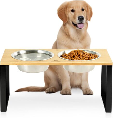 Sunhoo Elevated Dog Bowls Raised Feeder for Dogs Tall Standing Holder Wood Pet Feeding Station 2 Stainless Steel Dish Metal 16.73 * 7.87 * 8.07in 32oz Non-Slip Heavy Duty Durable in Saudi Arabia