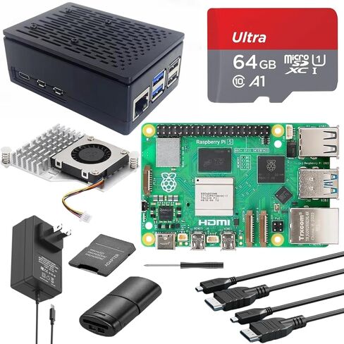 Vemico for Raspberry Pi 5 8GB Starter Kit، مع لوحة Pi 5، بطاقة SD 64 جيجابايت، حافظة Pi 5 مع مبرد نشط، قارئات بطاقات، كابلات HDMI 2X ومصدر طاقة USB C لـ Raspberry Pi5 8 جيجابايت in Kuwait