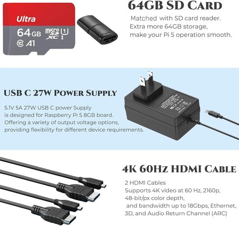 Vemico for Raspberry Pi 5 8GB Starter Kit، مع لوحة Pi 5، بطاقة SD 64 جيجابايت، حافظة Pi 5 مع مبرد نشط، قارئات بطاقات، كابلات HDMI 2X ومصدر طاقة USB C لـ Raspberry Pi5 8 جيجابايت in Kuwait