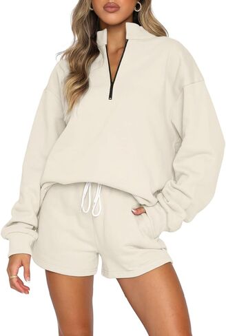 Aleumdr Women 2 Piece Outfits Sweatsuit Half Zip Long Sleeve Sweatshirt Lounge Shorts Tracksuit Set with Pockets in Saudi Arabia