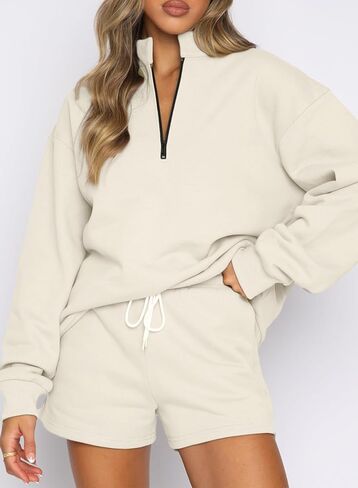 Aleumdr Women 2 Piece Outfits Sweatsuit Half Zip Long Sleeve Sweatshirt Lounge Shorts Tracksuit Set with Pockets in Saudi Arabia