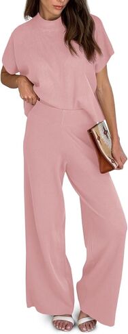 Imily Bela Women's 2 Piece Outfits Sweater Knit Sets Mock Neck Short Sleeve Tops Wide Leg Pants Casual Tracksuit in Saudi Arabia