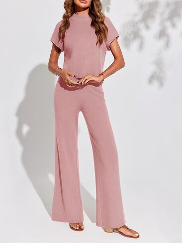Imily Bela Women's 2 Piece Outfits Sweater Knit Sets Mock Neck Short Sleeve Tops Wide Leg Pants Casual Tracksuit in Saudi Arabia