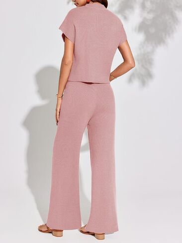 Imily Bela Women's 2 Piece Outfits Sweater Knit Sets Mock Neck Short Sleeve Tops Wide Leg Pants Casual Tracksuit in Saudi Arabia