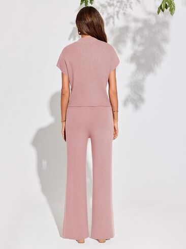 Imily Bela Women's 2 Piece Outfits Sweater Knit Sets Mock Neck Short Sleeve Tops Wide Leg Pants Casual Tracksuit in Saudi Arabia