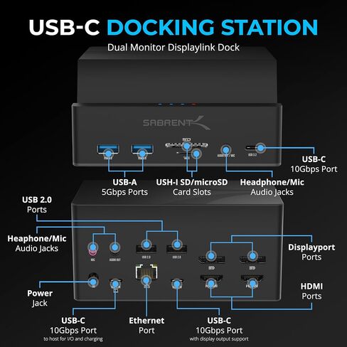 محطة إرساء الكمبيوتر المحمول العالمية SABRENT USB-C، قاعدة توصيل شاشة مزدوجة لأجهزة الكمبيوتر المحمولة وأجهزة Ultrabooks وChromebooks وMacBooks وiPad والأجهزة اللوحية والهواتف الذكية (DS-UICA) in Kuwait