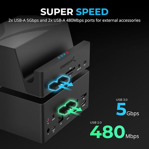 محطة إرساء الكمبيوتر المحمول العالمية SABRENT USB-C، قاعدة توصيل شاشة مزدوجة لأجهزة الكمبيوتر المحمولة وأجهزة Ultrabooks وChromebooks وMacBooks وiPad والأجهزة اللوحية والهواتف الذكية (DS-UICA) in Kuwait