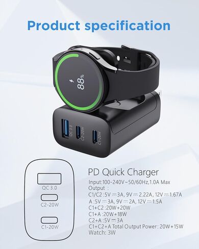 كتلة شحن ساعة Galaxy، شاحن الهاتف الخلوي بقدرة 43 وات، محول تيار متردد بمقبس PD مع 3 منافذ إخراج، USB-A*1، USB-C*2، متوافق مع هواتف/ساعات/سماعات Galaxy، قادر على شحن أجهزة متعددة. in Kuwait