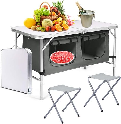طاولات قابلة للطي، طاولة تخييم قابلة للطي مع ساق قابلة للتعديل بمستويين، مقبض حمل للاستخدام في الهواء الطلق، الشاطئ، الشواء، النزهة، الطبخ، المهرجانات، داخلي، مكتب، صيد الأسماك، المشي لمسافات طويلة، الحفلات (أبيض L) in Kuwait