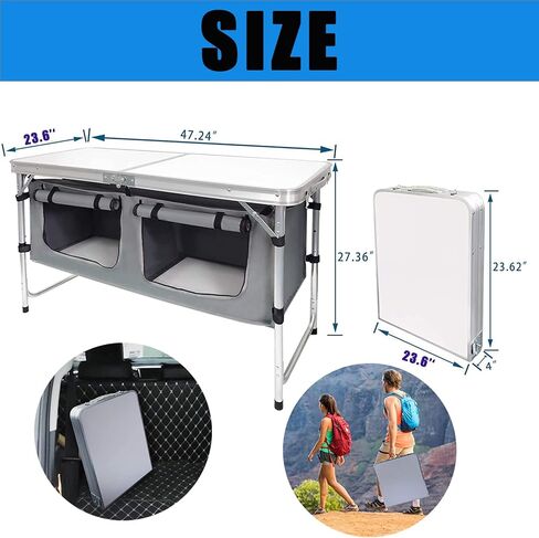 طاولات قابلة للطي، طاولة تخييم قابلة للطي مع ساق قابلة للتعديل بمستويين، مقبض حمل للاستخدام في الهواء الطلق، الشاطئ، الشواء، النزهة، الطبخ، المهرجانات، داخلي، مكتب، صيد الأسماك، المشي لمسافات طويلة، الحفلات (أبيض L) in Kuwait