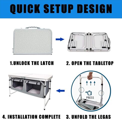 طاولات قابلة للطي، طاولة تخييم قابلة للطي مع ساق قابلة للتعديل بمستويين، مقبض حمل للاستخدام في الهواء الطلق، الشاطئ، الشواء، النزهة، الطبخ، المهرجانات، داخلي، مكتب، صيد الأسماك، المشي لمسافات طويلة، الحفلات (أبيض L) in Kuwait
