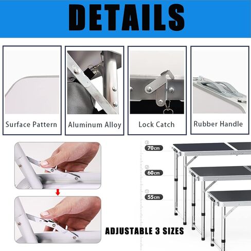 طاولات قابلة للطي، طاولة تخييم قابلة للطي مع ساق قابلة للتعديل بمستويين، مقبض حمل للاستخدام في الهواء الطلق، الشاطئ، الشواء، النزهة، الطبخ، المهرجانات، داخلي، مكتب، صيد الأسماك، المشي لمسافات طويلة، الحفلات (أبيض L) in Kuwait