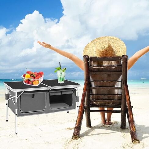 طاولات قابلة للطي، طاولة تخييم قابلة للطي مع ساق قابلة للتعديل بمستويين، مقبض حمل للاستخدام في الهواء الطلق، الشاطئ، الشواء، النزهة، الطبخ، المهرجانات، داخلي، مكتب، صيد الأسماك، المشي لمسافات طويلة، الحفلات (أبيض L) in Kuwait