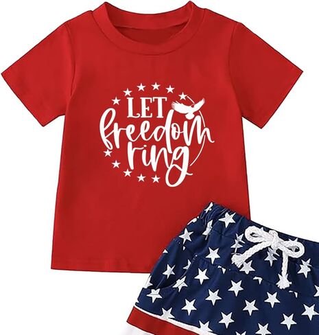 تي شيرت وطني للأطفال الصغار البنات والأولاد في الرابع من يوليو، قميص مطبوع عليه حروف خاتم الحرية للأطفال الرضع، زي علم الولايات المتحدة الأمريكية in Kuwait