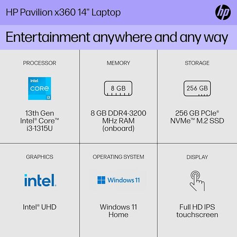 كمبيوتر محمول HP Pavilion x360 مقاس 14 بوصة، شاشة لمس FHD، الجيل الثالث عشر Intel Core i3-1315U، ذاكرة الوصول العشوائي 8 جيجابايت، 256 جيجابايت SSD، Intel UHD Graphics، Windows 11 Home، 14-ek1099nr (2024) in Kuwait