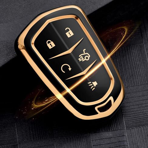 ELOHEI Key Fob Cover for Cadillac، حافظة مفتاح Fob لعام 2015-2019 Cadillac Escalade CTS SRX XT5 ATS STS CT6 5 أزرار قسط لينة TPU 361 درجة حماية كاملة (أسود) in Kuwait