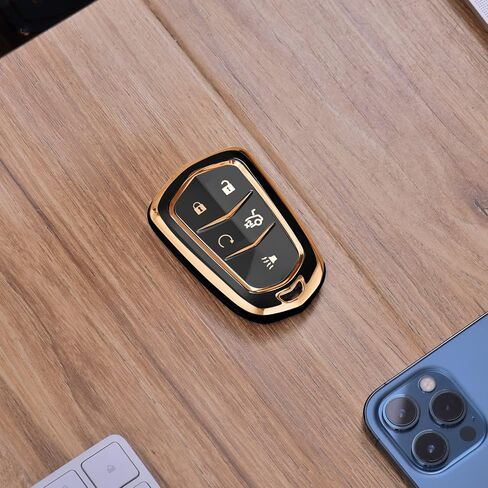 ELOHEI Key Fob Cover for Cadillac، حافظة مفتاح Fob لعام 2015-2019 Cadillac Escalade CTS SRX XT5 ATS STS CT6 5 أزرار قسط لينة TPU 361 درجة حماية كاملة (أسود) in Kuwait