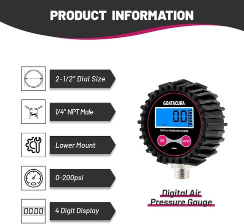 0-200psi Digital Air Pressure Gauge, 2-1/2" Dial Size, 1/4'' NPT Bottom Connector, 1% High Accuracy, with Rubber Protector, for Measuring Tire Pressure in Saudi Arabia
