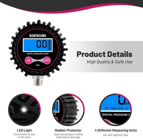 0-200psi Digital Air Pressure Gauge, 2-1/2" Dial Size, 1/4'' NPT Bottom Connector, 1% High Accuracy, with Rubber Protector, for Measuring Tire Pressure in Saudi Arabia