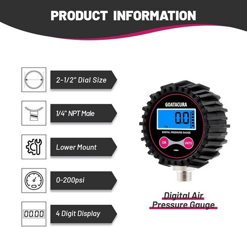 0-200psi Digital Air Pressure Gauge, 2-1/2" Dial Size, 1/4'' NPT Bottom Connector, 1% High Accuracy, with Rubber Protector, for Measuring Tire Pressure in Saudi Arabia