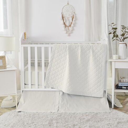Brandream Beige 3 Pieces Crib Bedding Set for Girls or Boys Quilt,Crib Sheet,Dust Ruffle Skirt, 100% Washed Cotton Like Linen Supersoft Farmhouse Chic Classic Quilted Plaid Design in Saudi Arabia