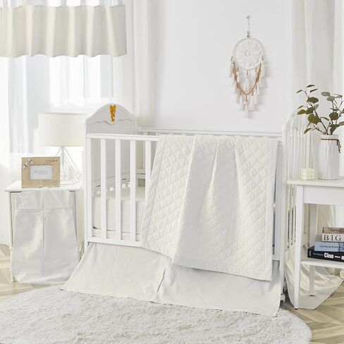 Brandream Beige 3 Pieces Crib Bedding Set for Girls or Boys Quilt,Crib Sheet,Dust Ruffle Skirt, 100% Washed Cotton Like Linen Supersoft Farmhouse Chic Classic Quilted Plaid Design in Saudi Arabia