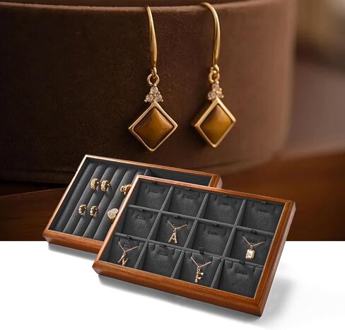 Oirlv Solid Wood 12 Grid Jewelry Organizer Tray Jewelry Drawer Organizer for Rings Earrings Storage Display（Black） in Kuwait