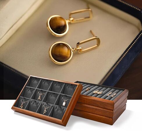 Oirlv Solid Wood 12 Grid Jewelry Organizer Tray Jewelry Drawer Organizer for Rings Earrings Storage Display（Black） in Kuwait