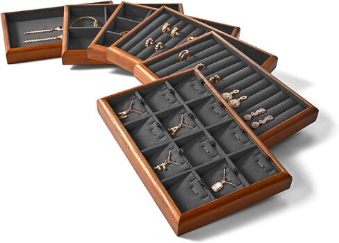 Oirlv Solid Wood 12 Grid Jewelry Organizer Tray Jewelry Drawer Organizer for Rings Earrings Storage Display（Black） in Kuwait